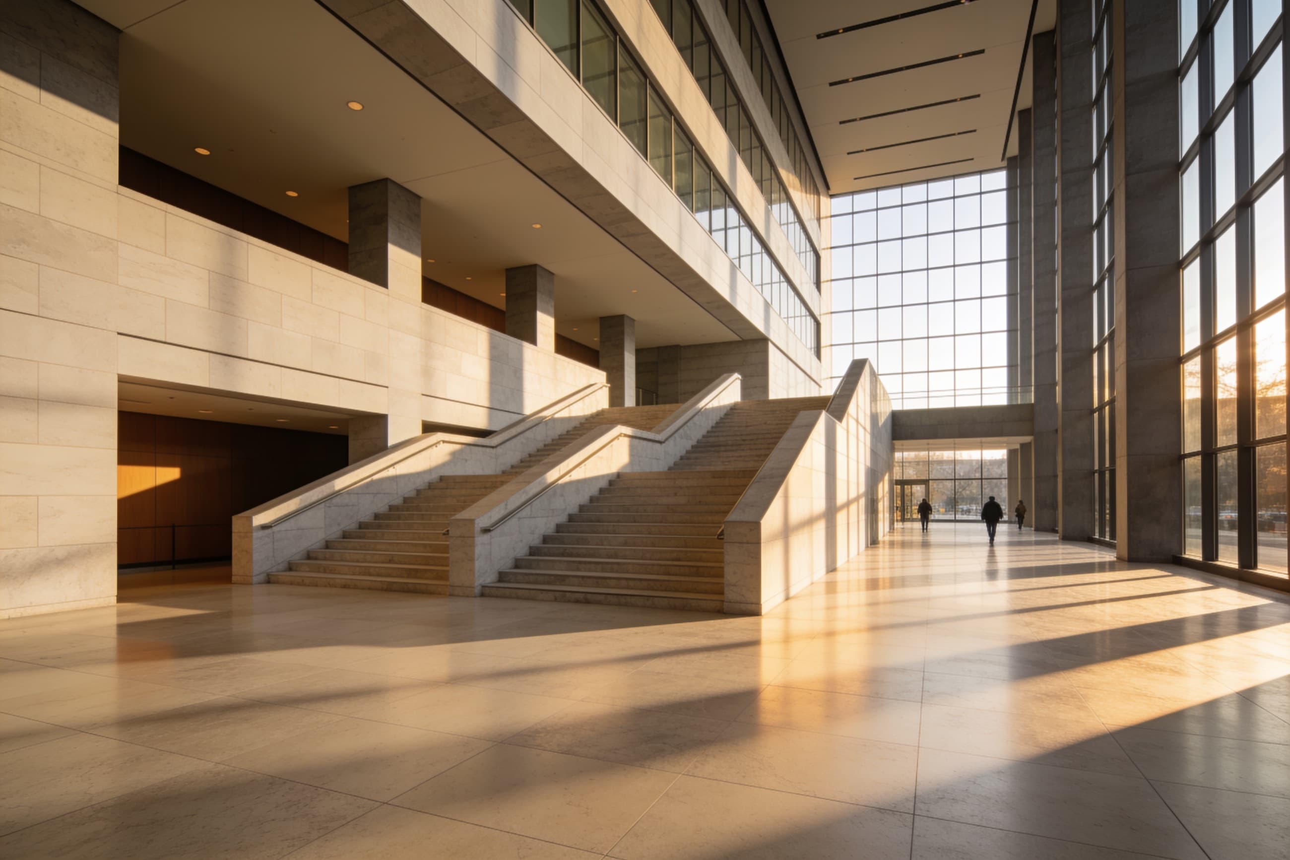 A corporate atrium in late afternoon light.
