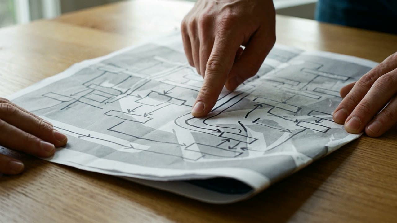 Hands tracing a process map on a desk.